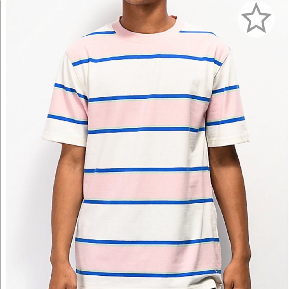 Pink, blue, and white striped empyre shirt
